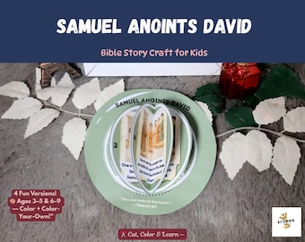 May include: A Bible story craft for kids, featuring the text "SAMUEL ANOINTS DAVID." The craft is a green circular design with a pop-up element. Additional text includes "4 Fun Versions!" and "Cut, Color & Learn."