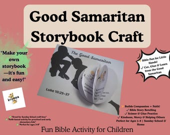 May include: A craft kit for children featuring a pop-up storybook titled "The Good Samaritan." The cover displays silhouettes of figures, with the text "Luke 10:25-37." Additional text includes "Bible Fun for Little Hands!" and "Fun Bible Activity for Children."