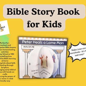 Puede incluir: Un libro de cuentos bíblicos para niños titulado "Pedro cura a un hombre cojo". El libro presenta un diseño desplegable con ilustraciones de figuras bíblicas. El fondo es amarillo con el texto "¡Haz tu propio libro de cuentos: es divertido y fácil!"