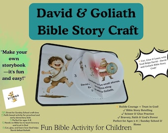 May include: A fun Bible activity for children featuring a David and Goliath storybook craft. The craft includes a pop-up design with illustrations of David and Goliath, with text that reads "David picks up five small stones. He holds his sling. He walks to Goliath."