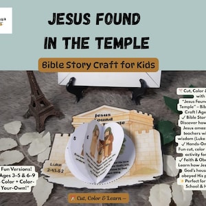 Può includere: Un kit di artigianato per bambini intitolato "JESUS FOUND IN THE TEMPLE". Il kit include un'attività di artigianato di storie bibliche con attività di taglio, colorazione e creazione. Il kit è progettato per bambini dai 3 ai 5 e dai 6 ai 9 anni. Il kit include il testo "Cut, Color & Learn".