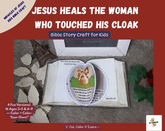May include: A Bible story craft for kids, featuring the text "Jesus Heals the Woman Who Touched His Cloak." The craft includes a pop-up illustration and text from Matthew 19:26 and Luke 8:43-48. The image also includes the text "4 Fun Versions!" and "Cut, Color & Learn-".