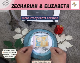 May include: A Bible story craft kit for kids featuring the story of Zechariah and Elizabeth. The kit includes a circular, blue-edged paper craft with illustrations and text, along with additional decorative elements and text that reads "Bible Story Craft for Kids".