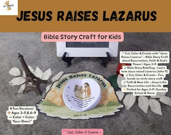 May include: A craft kit with the text "JESUS RAISES LAZARUS" and "Bible Story Craft for Kids." The kit includes a paper cutout with a heart-shaped design, a small Eiffel Tower model, and text that reads "Cut, Color & Create." The kit is for ages 3-9.
