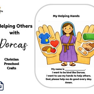 以下が含まれることがあります： 「Helping Others with Dorcas」と題された、カラフルなキリスト教の未就学児向けクラフト。この画像は、助けの手を持つ紫色のローブを着た女の子の漫画イラストを特徴としています。手には、青いシャツ、赤いハート、パン、リンゴ、緑の毛布、握手、包帯が描かれています。