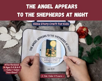 May include: A Bible story craft for kids with the text "The Angel Appears to the Shepherds at Night." The craft includes a circular window revealing a scene with shepherds and an angel. The text "Cut, Color & Learn" is also visible.