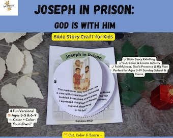 May include: A Bible story craft for kids titled "Joseph in Prison: God is With Him." The craft includes a cut, color, and create activity. The image shows a circular illustration of Joseph in prison with text from Genesis 39:21.