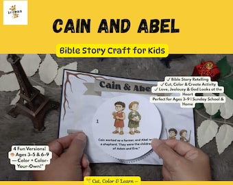 May include: A Bible story craft for kids featuring the story of Cain and Abel. The image shows a craft project with illustrations of the characters, along with text that reads "Bible Story Craft for Kids". The craft is designed for ages 3-9.