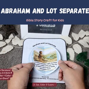 Peut inclure: Un kit d'artisanat pour enfants intitulé "Abraham et Lot se séparent", présentant un design pop-up avec une scène illustrée. Le kit comprend du texte et des instructions, avec les mots "Cut, Color & Learn" en bas. Le kit est conçu pour les enfants de 3 à 5 et de 6 à 9 ans.