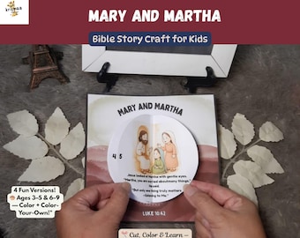 May include: A craft kit titled "Mary and Martha" for kids, featuring a Bible story theme. The kit includes a color and color-your-own activity with illustrations of biblical figures. The text on the kit reads "4 Fun Versions! Ages 3-5 & 6-9".