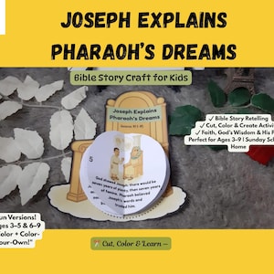 May include: A children's craft kit, "Joseph Explains Pharaoh's Dreams", with Bible story retelling and cut-and-colour activities. Suitable for ages 3-9, the kit features a circular illustration of Joseph and Pharaoh. The text includes "Cut, Color & Learn".