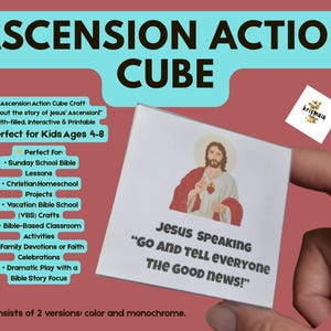 May include: A white card with a picture of Jesus speaking. The text on the card reads "Jesus Speaking "Go and tell everyone the good news!"  The card is part of an Ascension Action Cube Craft for kids ages 4-8.