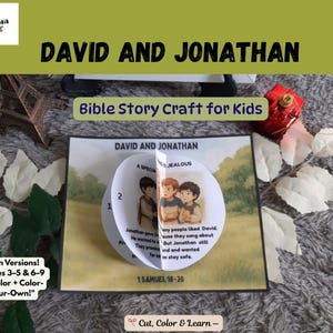 May include: A Bible story craft for kids featuring the story of David and Jonathan. The craft includes a pop-up design with illustrations of the characters and text from 1 Samuel 18-20. The craft is designed for ages 3-5 and 6-9, with color and color-your-own versions.