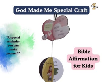 May include: A craft project with the text "God Made Me Special Craft." The craft features pink and white heart-shaped cutouts and a circular cutout with an illustration of Jesus. Text on the craft includes "Bible Affirmation for Kids."