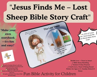 May include: A Bible story craft titled "Jesus Finds Me - Lost Sheep Bible Story Craft." The craft features an illustration of Jesus holding a lamb, with text and interactive elements for children. The background is pink.