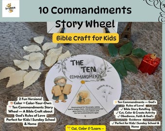 May include: A circular "Ten Commandments Story Wheel" craft kit for kids. The wheel features illustrations of biblical scenes and text. The kit includes the text "Bible Craft for Kids" and "Cut, Color & Learn".
