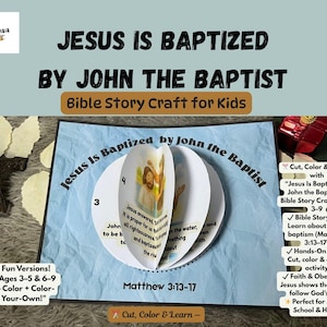 Op de afbeelding: Een bijbelverhaal knutselwerk voor kinderen getiteld "Jezus wordt gedoopt door Johannes de Doper". Het knutselwerk heeft een pop-up ontwerp met illustraties en tekst uit Mattheüs 3:13-17. Inclusief instructies voor knippen, kleuren en creëren.