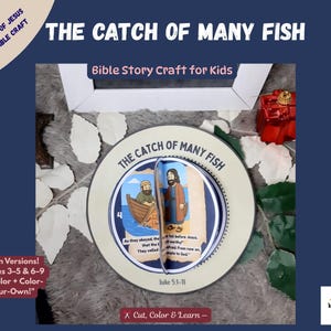 Peut inclure: Un bricolage d'histoire biblique circulaire intitulé "La pêche de nombreux poissons" avec des illustrations de Jésus et d'un bateau. Le bricolage comprend du texte et est conçu pour les enfants de 3 à 5 ans et de 6 à 9 ans.