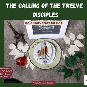 May include: A craft kit titled "The Calling of the Twelve Disciples" with text and illustrations. The kit includes a pop-up book, a red decorative box, and a miniature Eiffel Tower. The text includes "Bible Story Craft for Kids" and "Cut, Color & Learn".