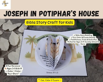 Puede incluir: Una manualidad de historia bíblica para niños titulada "José en la casa de Potifar". El libro abierto presenta una escena emergente con figuras y texto. El texto adicional incluye "Bible Story Retelling" y "Cut, Color & Create Activity". Para niños de 3 a 9 años.