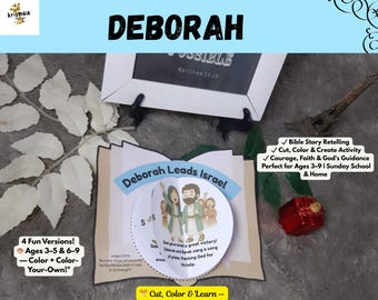 May include: A colorful Bible story activity set with the name "Deborah" at the top. The set includes a framed picture, a pop-up book with illustrations, and text that reads "Deborah Leads Israel." Additional text includes "Cut, Color & Create Activity."