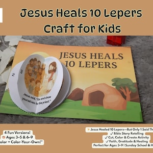 May include: A children's craft book titled "Jesus Heals 10 Lepers." The cover features an illustration of Jesus with people, and the text "Jesus Heals 10 Lepers Craft for Kids." The book includes interactive elements and Bible story retelling.