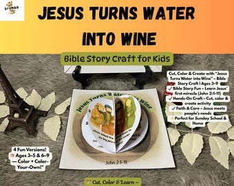 May include: A Bible story craft for kids with the text "JESUS TURNS WATER INTO WINE". The craft includes a pop-up book with illustrations and text, and the text "Bible Story Craft for Kids". The craft is for ages 3-9.