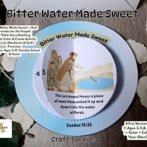 May include: A children's craft kit, "Bitter Water Made Sweet", with a circular design. It features a Bible story activity, cut-and-colour elements, and focuses on trust and obedience. Suitable for ages 3-9, it includes the text "Craft for Kids".