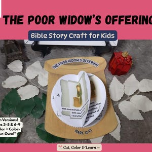Puede incluir: Un kit de manualidades titulado "La ofrenda de la viuda pobre" con el texto "Bible Story Craft for Kids". El kit incluye un recorte de papel de una escena bíblica, un adorno rojo y recortes de hojas blancas. El texto "4 Fun Versions!" también es visible.