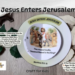 May include: A children's craft kit with the title "Jesus Enters Jerusalem." The central image depicts Jesus on a donkey, with figures around him. Text includes "Palm Sunday," "Interactive Bible Story," and "Craft for Kids."