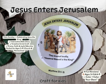 May include: A circular craft for kids with the text "Jesus Enters Jerusalem." The image shows Jesus riding a donkey, surrounded by people. Text includes "Palm Sunday," "Interactive Bible Story," and "Craft for Kids."