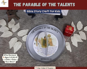 May include: A circular craft kit titled "The Parable of the Talents" with the text "Bible Story Craft for Kids." The kit includes a silver-colored wheel with illustrations and text, a red gift box, and white leaf decorations. The kit is designed for ages 3-5 and 6-9.