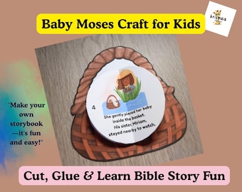 May include: A craft project for kids featuring a paper cutout of a basket with a circular illustration of a baby. Text includes "Baby Moses Craft for Kids", "Cut, Glue & Learn Bible Story Fun", and a quote about placing a baby in a basket.