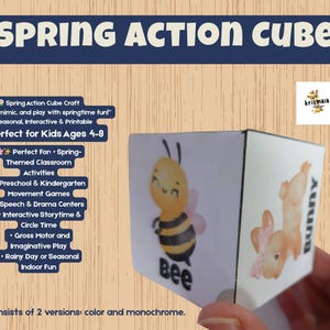 May include: A colorful spring-themed activity cube with images of a bee and a bunny. The cube is designed for kids ages 4-8 and includes activities like movement games, interactive storytime, and gross motor play. The text "Spring Action Cube" is at the top of the image.