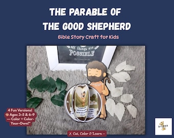 May include: A craft kit for kids featuring "The Parable of the Good Shepherd." The image shows a cartoon shepherd, a multi-page craft, and text that reads "4 Fun Versions! Ages 3-5 & 6-9 - Color + Color-Your-Own!"