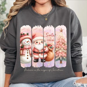 May include: A gray sweatshirt with a pink and white Christmas design featuring a snowman, Santa Claus, and a Christmas tree. The text "Santa is coming" and "Believe in the magic of Christmas" is printed on the sweatshirt.