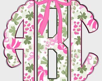 Preppy St Patrick Monogram PNG, Shamrock Scalloped, Pink Green Leopard Print Bows Four Leaf Clover, Lucky PNG, St Patrick PNG Monogram 63SM