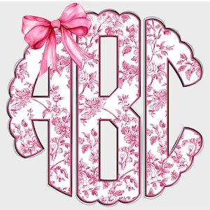 Pink Toile Scalloped Monogram PNG, Coquette Preppy Toile PNG, Preppy Bow Flowers Monogram, Coquette PNG, Monogram 6SM