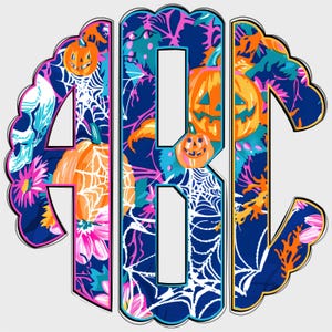 May include: A monogram design featuring the letters ABC in a Halloween theme. The letters are filled with a dark blue floral pattern, orange pumpkins, and white spiderwebs. The design has a scalloped edge.