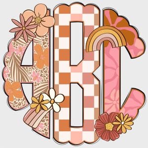 May include: A decorative monogram featuring the letters "ABC" in a circular design. The letters are filled with floral and checkered patterns in shades of pink, orange, and brown, with a scalloped border and flower accents.