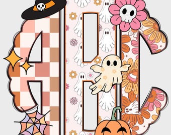Retro spöke Halloween blommig rutig graciös monogram PNG, höst PNG, boho monogram, Halloween höstmonogram, monogram PNG, monogram 27SM