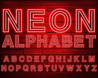 May include: Red neon alphabet with a white outline on a brick wall background. The letters are in a bold, sans-serif font. The word "NEON" is displayed in large letters at the top of the image, followed by the word "ALPHABET" in smaller letters. The full alphabet is displayed below.