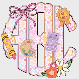 Back to School Pastel School Supplies Scalloped Monogram PNG, Monogram Name PNG, Coquette Preppy, School Monogram PNG, Monogram 29SM