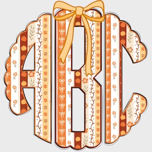 May include: A decorative monogram featuring the letters "ABC" in a fall-themed design. The letters are filled with patterns of pumpkins, flowers, and stripes in shades of orange, brown, and cream, with a yellow bow at the top.