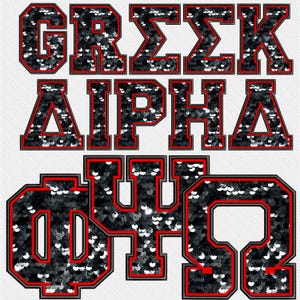 Puede incluir: Letras negras y rojas de lentejuelas que deletrean "Greek Alpha 042".