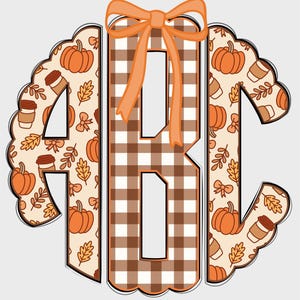 May include: A decorative monogram featuring the letters ABC in a fall theme. The letter B is a brown and white plaid pattern, while the A and C are decorated with pumpkins, coffee cups, and fall leaves. An orange bow sits atop the B.
