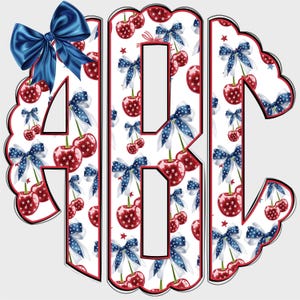 May include: A decorative monogram featuring the letters ABC, with a white background. The letters are filled with a pattern of red cherries, blue bows, and white stars. A large blue bow is at the top left. The letters have a red border.