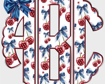 4th of July Scalloped Monogram PNG, Coquette Cherry, Red blue, Scalloped Monogram, Coquette 4th of July, Patriotic, Coquette Monogram 1SM