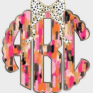 Op de afbeelding: Een monogramontwerp met de letters ABC in een levendige, penseelstreekstijl. De letters zijn gevuld met roze, oranje, zwarte en gouden texturen, omlijnd in zwart en geplaatst tegen een geschulpte rand. Een strik met een dalmatiërprint voegt een decoratief tintje toe.