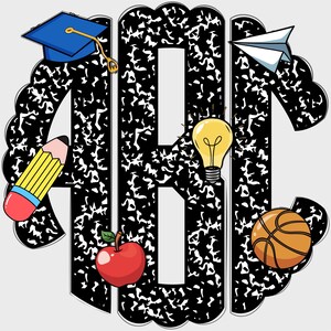 Op de afbeelding: Een monogramontwerp met de letters ABI in een zwart-wit compositie notitieboekpapierpatroon. Het ontwerp bevat een afstudeerhoed, potlood, appel, gloeilamp, papieren vliegtuigje en basketbal, allemaal in cartoonstijl.